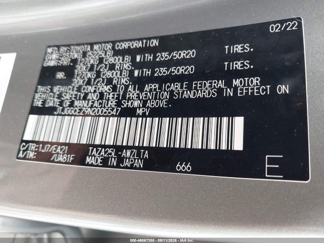 Aukcja sprzedaży 2022 Lexus Nx 350 Premium, vin: JTJGGCEZ9N2005547, numer aukcji: 46067355