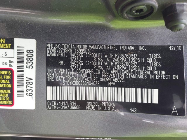 46067358 :رقم المزاد ، 5TDYK3DC3BS104078 vin ، 2011 Toyota Sienna Xle V6 مزاد بيع