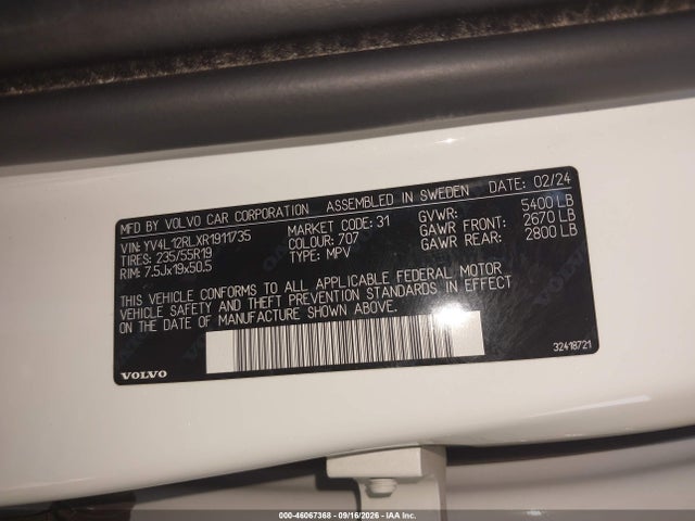 Aukcja sprzedaży 2024 Volvo Xc60 B5 Plus Dark Theme, vin: YV4L12RLXR1911735, numer aukcji: 46067368