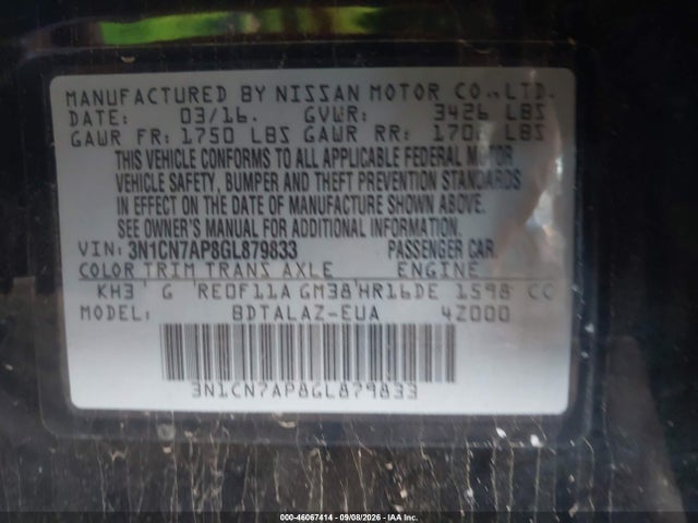 Nissan Versa 1.6 S+ 2016 3N1CN7AP8GL879833 Image 9