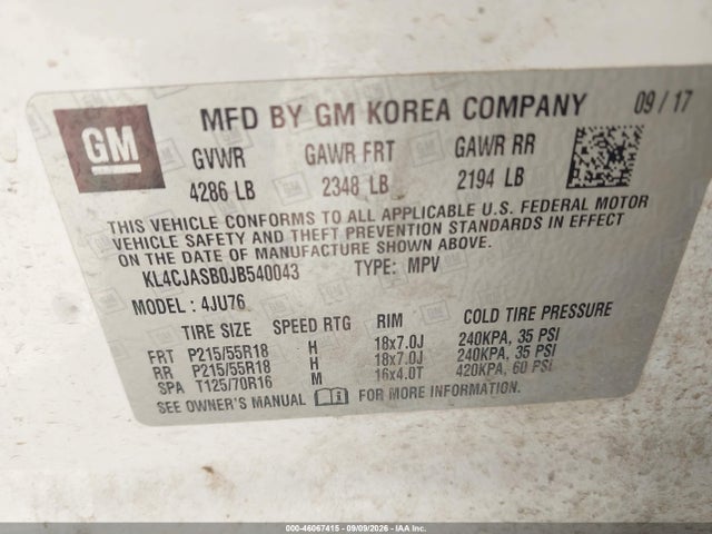 Продажа на аукционе авто 2018 Buick Encore Preferred, vin: KL4CJASB0JB540043, номер лота: 46067415