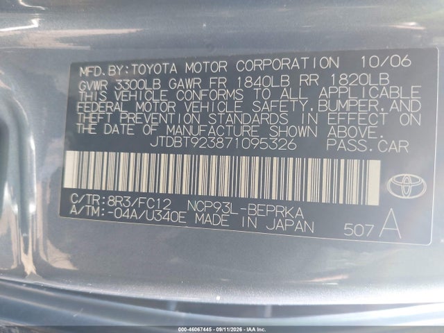 2007 Toyota Yaris მანქანა იყიდება აუქციონზე, vin: JTDBT923871095326, აუქციონის ნომერი: 46067445