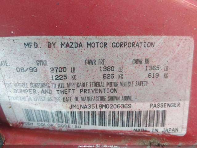 46067465 :رقم المزاد ، JM1NA3518M0206369 vin ، 1991 Mazda Mx-5 Miata مزاد بيع