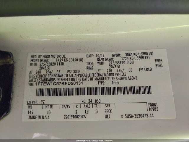2019 Ford F-150 Xl მანქანა იყიდება აუქციონზე, vin: 1FTEW1C57KFD50131, აუქციონის ნომერი: 46067473
