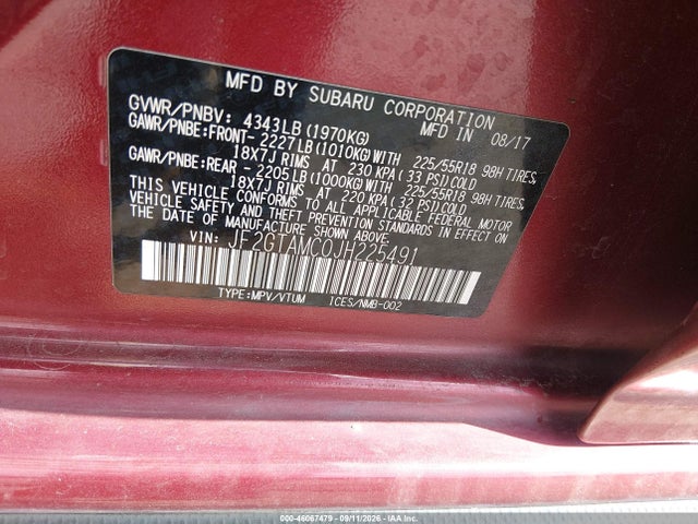 46067479 :رقم المزاد ، JF2GTAMC0JH225491 vin ، 2018 Subaru Crosstrek 2.0i Limited مزاد بيع