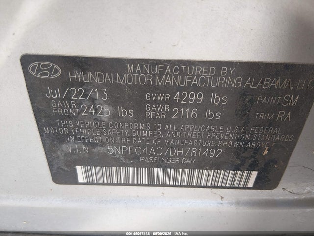 Продажа на аукционе авто 2013 Hyundai Sonata Se, vin: 5NPEC4AC7DH781492, номер лота: 46067486
