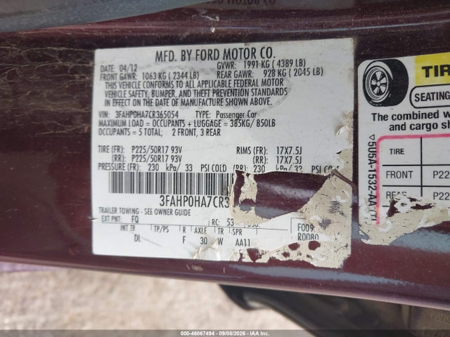 Продаж на аукціоні авто 2012 Ford Fusion Se, vin: 3FAHP0HA7CR365054, номер лоту: 46067494