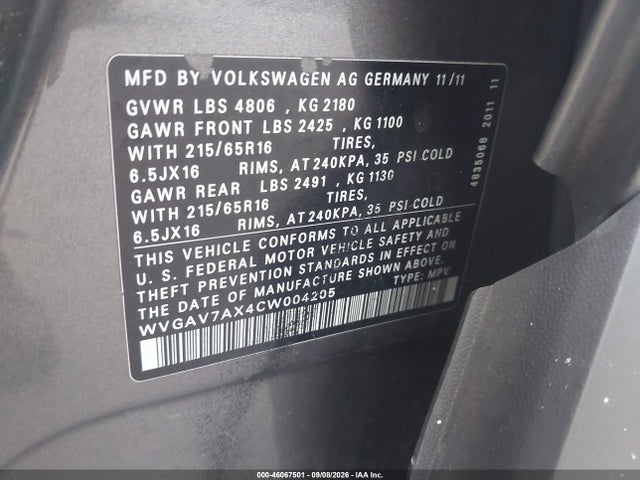 Продажа на аукционе авто 2012 Volkswagen Tiguan Le, vin: WVGAV7AX4CW004205, номер лота: 46067501