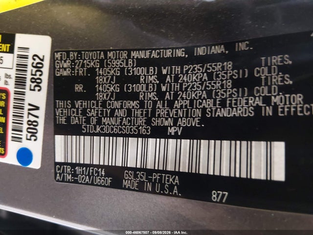 2012 Toyota Sienna Le 7 Passenger მანქანა იყიდება აუქციონზე, vin: 5TDJK3DC6CS035163, აუქციონის ნომერი: 46067507