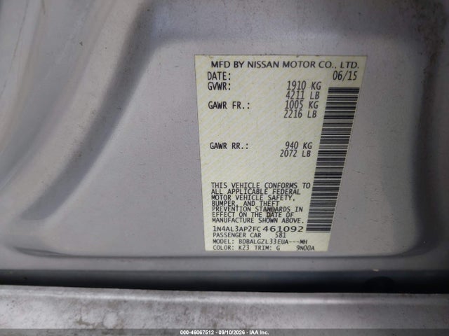 Aukcja sprzedaży 2015 Nissan Altima 2.5 S, vin: 1N4AL3AP2FC461092, numer aukcji: 46067512
