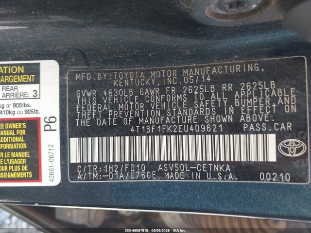 46067518 :رقم المزاد ، 4T1BF1FK2EU409621 vin ، 2014 Toyota Camry Le مزاد بيع