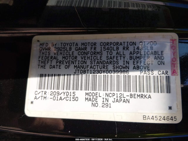 Продажа на аукционе авто 2000 Toyota Echo, vin: JTDBT1230Y0039986, номер лота: 46067538