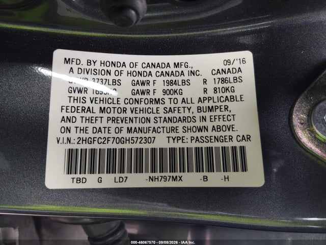 2016 Honda Civic Ex მანქანა იყიდება აუქციონზე, vin: 2HGFC2F70GH572307, აუქციონის ნომერი: 46067570