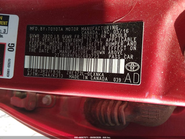 46067571 :رقم المزاد ، 2T1BURHE9GC683723 vin ، 2016 Toyota Corolla Le مزاد بيع