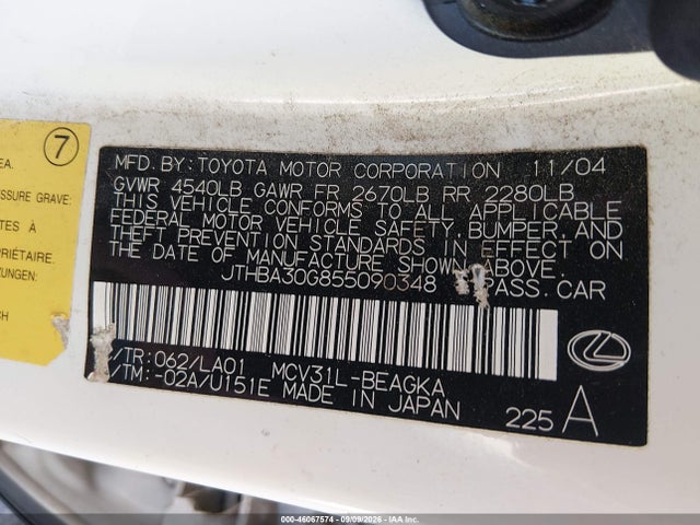46067574 :رقم المزاد ، JTHBA30G855090348 vin ، 2005 Lexus Es 330 مزاد بيع