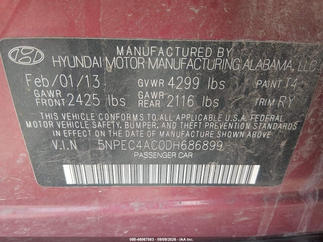 Продаж на аукціоні авто 2013 Hyundai Sonata Se, vin: 5NPEC4AC0DH686899, номер лоту: 46067583