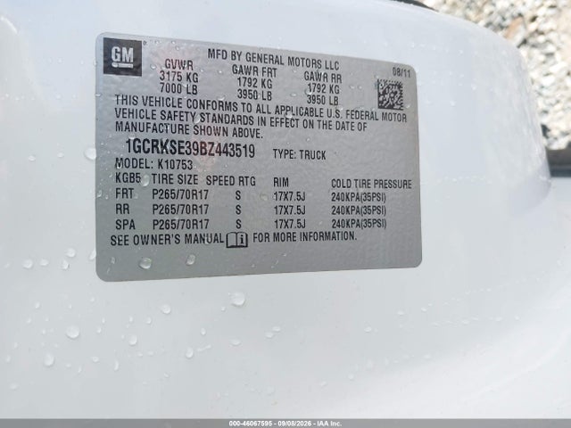 46067595 :رقم المزاد ، 1GCRKSE39BZ443519 vin ، 2011 Chevrolet Silverado 1500 Lt مزاد بيع