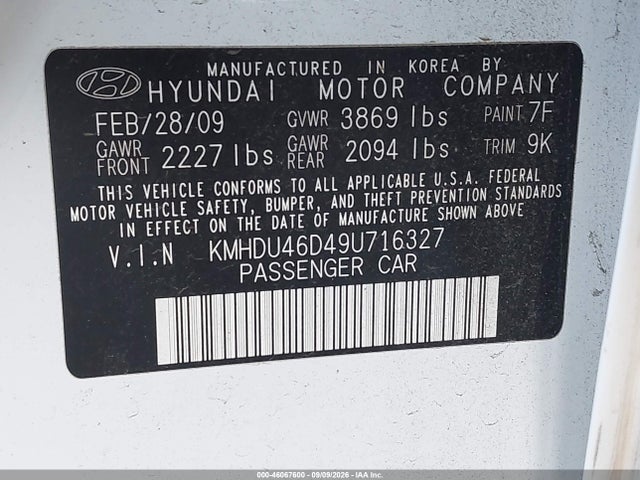 Aukcja sprzedaży 2009 Hyundai Elantra Gls, vin: KMHDU46D49U716327, numer aukcji: 46067600