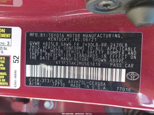 Aukcja sprzedaży 2021 Toyota Camry Xle Hybrid, vin: 4T1F31AK2MU561818, numer aukcji: 46067606