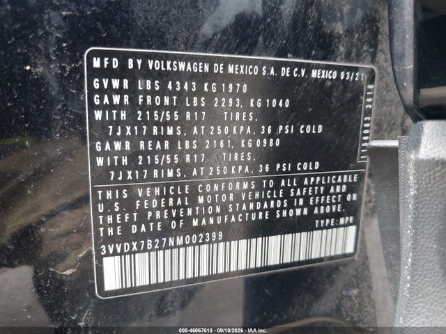 Aukcja sprzedaży 2022 Volkswagen Taos 1.5t S, vin: 3VVDX7B27NM002399, numer aukcji: 46067618