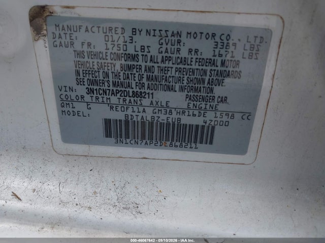 Продажа на аукционе авто 2013 Nissan Versa 1.6 Sv, vin: 3N1CN7AP2DL868211, номер лота: 46067642