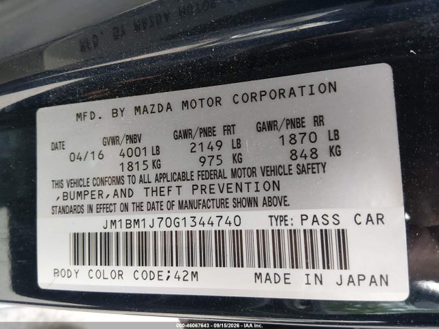 46067643 :رقم المزاد ، JM1BM1J70G1344740 vin ، 2016 Mazda Mazda3 I Sport مزاد بيع