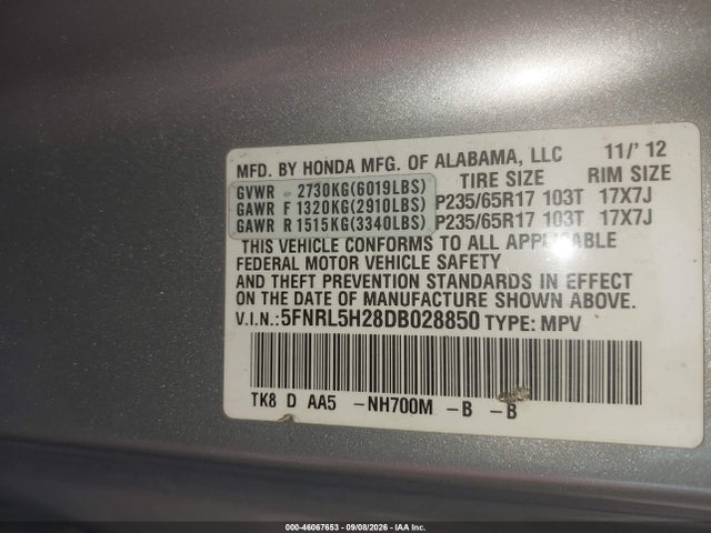 46067653 :رقم المزاد ، 5FNRL5H28DB028850 vin ، 2013 Honda Odyssey Lx مزاد بيع
