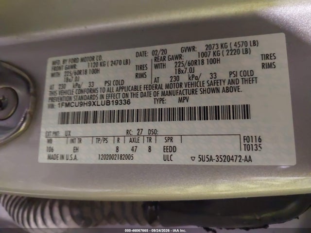 46067665 :رقم المزاد ، 1FMCU9H9XLUB19336 vin ، 2020 Ford Escape Sel مزاد بيع