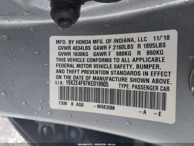 46067672 :رقم المزاد ، 19XZE4F97KE019905 vin ، 2019 Honda Insight Touring مزاد بيع