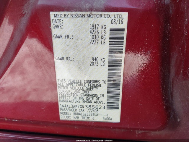 Aukcja sprzedaży 2016 Nissan Altima 2.5 S, vin: 1N4AL3AP2GN385623, numer aukcji: 46067673