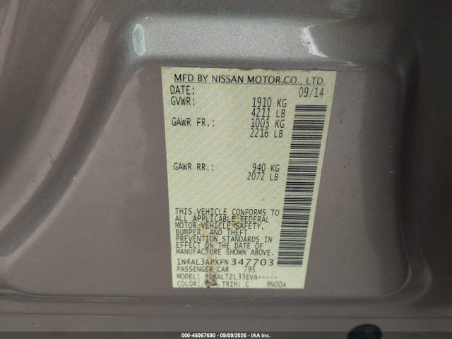 Продаж на аукціоні авто 2015 Nissan Altima 2.5 Sl, vin: 1N4AL3APXFN347703, номер лоту: 46067690