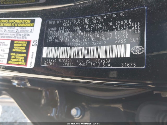 Aukcja sprzedaży 2026 Toyota Camry Nightshade, vin: 4T1DBADK0TU037412, numer aukcji: 46067692