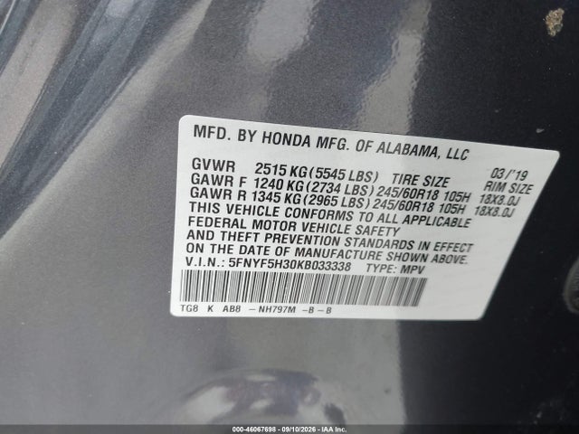 2019 Honda Pilot Ex მანქანა იყიდება აუქციონზე, vin: 5FNYF5H30KB033338, აუქციონის ნომერი: 46067698
