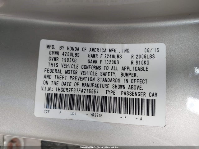 46067707 :رقم المزاد ، 1HGCR2F37FA216657 vin ، 2015 Honda Accord Lx مزاد بيع