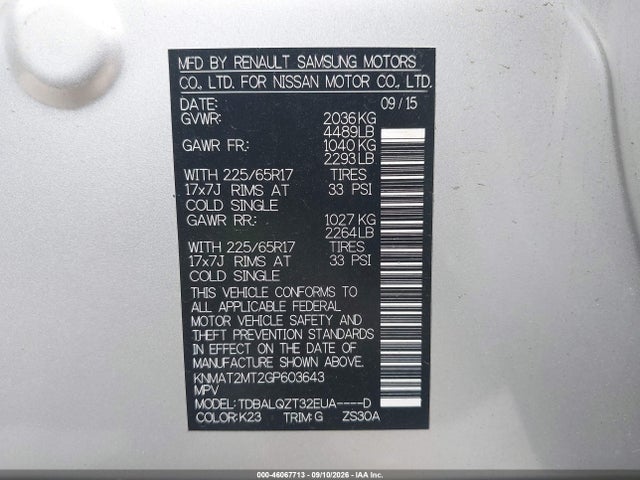 2016 Nissan Rogue Sv მანქანა იყიდება აუქციონზე, vin: KNMAT2MT2GP603643, აუქციონის ნომერი: 46067713