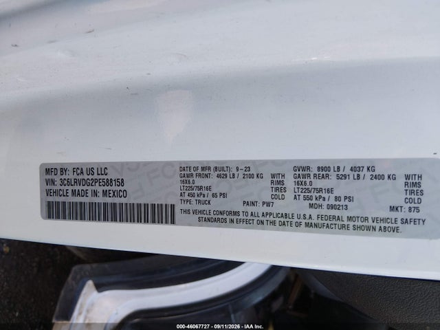 2023 Ram Promaster 2500 High Roof 159 Wb მანქანა იყიდება აუქციონზე, vin: 3C6LRVDG2PE588158, აუქციონის ნომერი: 46067727