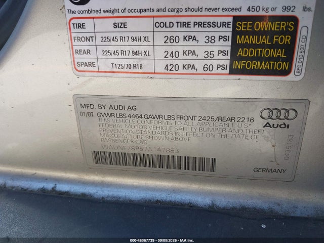 Продажа на аукционе авто 2007 Audi A3 2.0t, vin: WAUNF78P57A147883, номер лота: 46067739