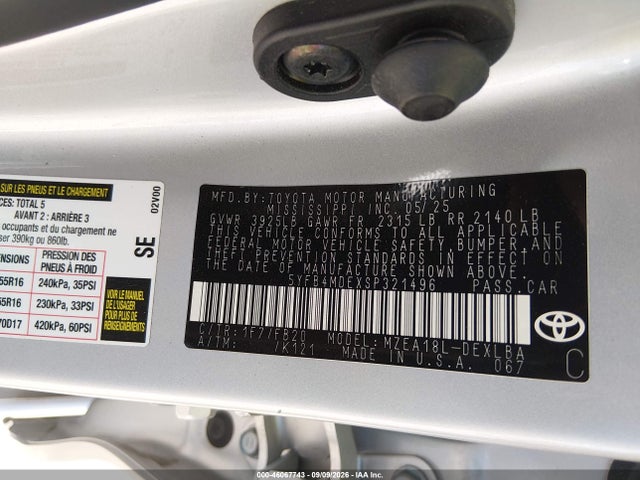 46067743 :رقم المزاد ، 5YFB4MDEXSP321496 vin ، 2025 Toyota Corolla Le مزاد بيع
