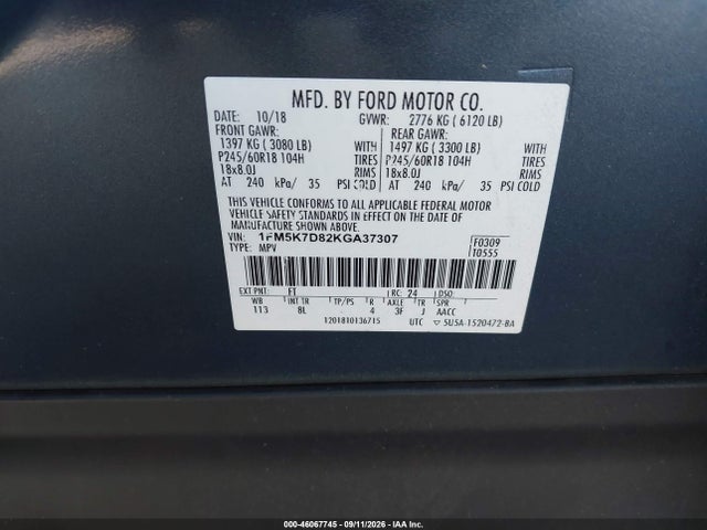 46067745 :رقم المزاد ، 1FM5K7D82KGA37307 vin ، 2019 Ford Explorer Xlt مزاد بيع