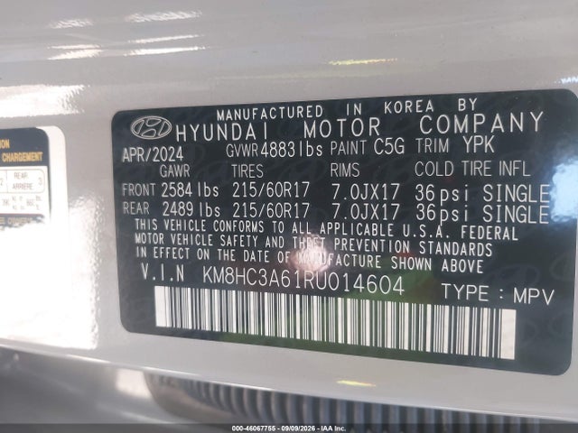 46067755 :رقم المزاد ، KM8HC3A61RU014604 vin ، 2024 Hyundai Kona Electric Sel مزاد بيع