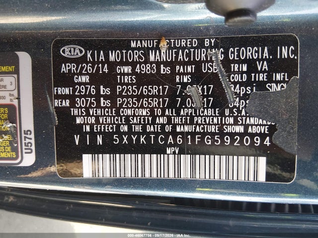 Продаж на аукціоні авто 2015 Kia Sorento Lx, vin: 5XYKTCA61FG592094, номер лоту: 46067756