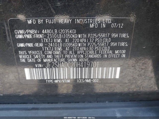 2013 Subaru Forester 2.5x Premium მანქანა იყიდება აუქციონზე, vin: JF2SHADC2DH419701, აუქციონის ნომერი: 46067769