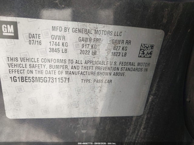46067770 :رقم المزاد ، 1G1BE5SM5G7311571 vin ، 2016 Chevrolet Cruze Lt Auto مزاد بيع