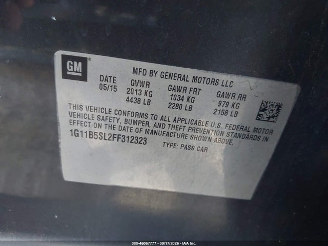 46067777 :رقم المزاد ، 1G11B5SL2FF312323 vin ، 2015 Chevrolet Malibu Ls مزاد بيع