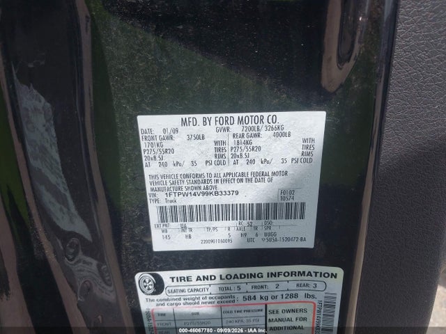 46067780 :رقم المزاد ، 1FTPW14V99KB33379 vin ، 2009 Ford F-150 Fx4/king Ranch/lariat/platinum/xl/xlt مزاد بيع