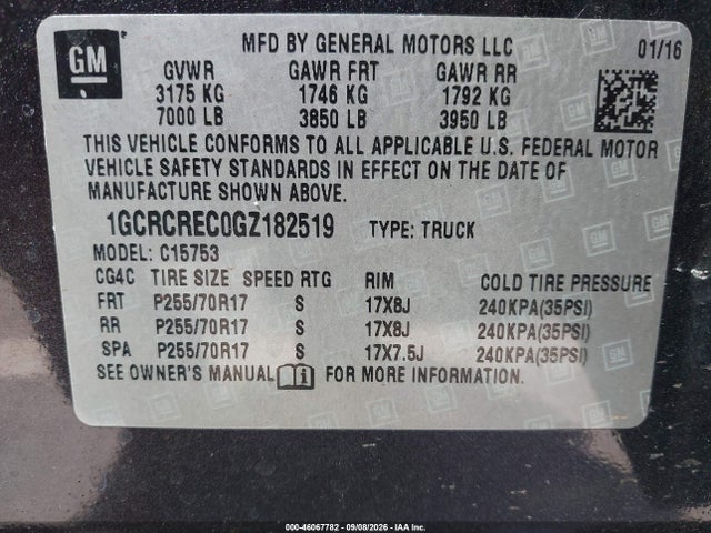 Продаж на аукціоні авто 2016 Chevrolet Silverado 1500 1lt, vin: 1GCRCREC0GZ182519, номер лоту: 46067782