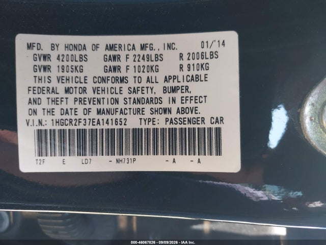 Aukcja sprzedaży 2014 Honda Accord Lx, vin: 1HGCR2F37EA141652, numer aukcji: 46067826