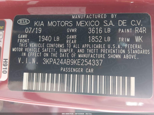 46067836 :رقم المزاد ، 3KPA24AB9KE254337 vin ، 2019 Kia Rio S مزاد بيع