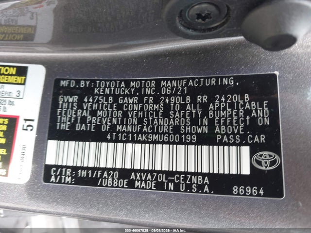 Продажа на аукционе авто 2021 Toyota Camry Le, vin: 4T1C11AK9MU600199, номер лота: 46067839