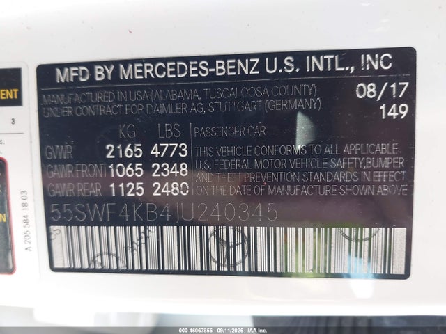 Продажа на аукционе авто 2018 Mercedes-benz C 300 4matic, vin: 55SWF4KB4JU240345, номер лота: 46067856